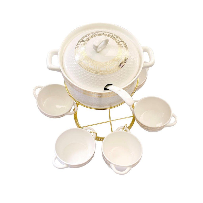 White & Gold Ceramic Soup Tureen Casserole Dish Bowl Set of 6
