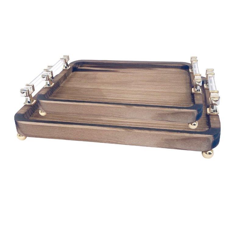 Wooden Serving Tray Set of 2 with Brass Handles 29*39+23*33 cm