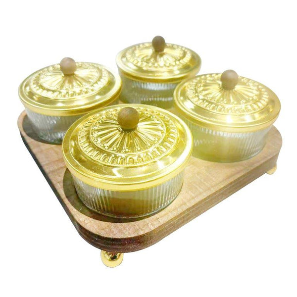 Deco Metal Fruit and Appetizer Jar Set with Wooden Tray 20*20 cm