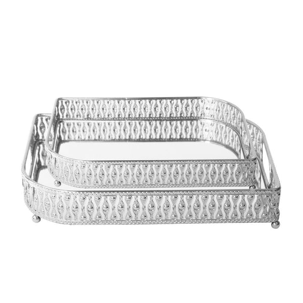 Deco Silver Metal Rectangular Serving Tray Set of 2 Pcs 25*35/40*30 cm
