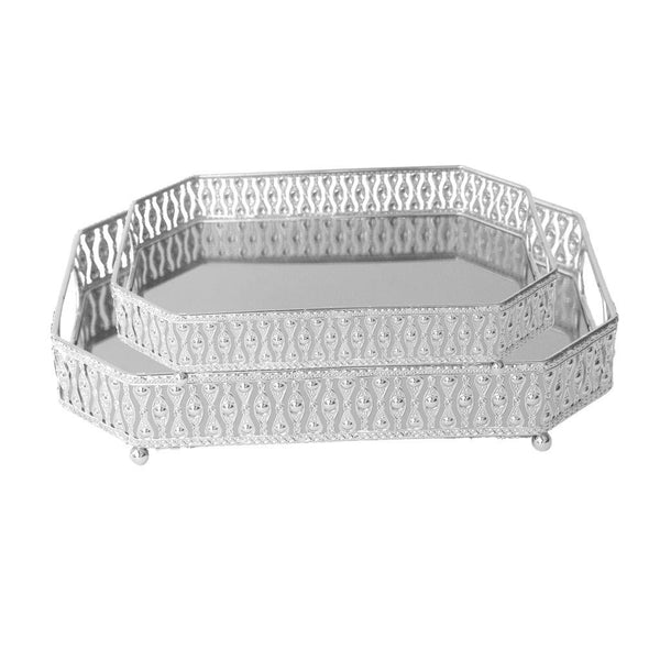 Deco Silver Metal Rectangular Serving Tray Set of 2 Pcs 34*24.50/30*39.5 cm