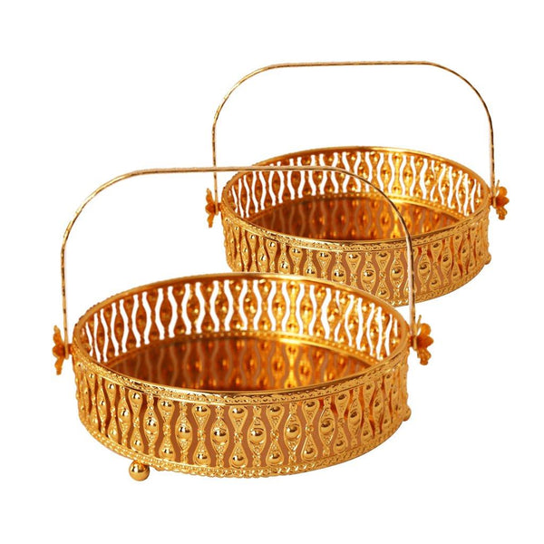 Deco Gold Metal Round Serving Tray Fruit Basket Set of 2 Pcs