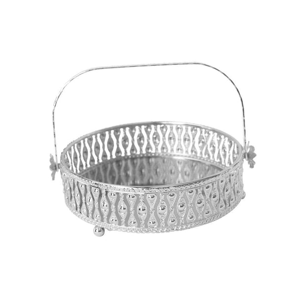 Deco Silver Metal Round Serving Tray Fruit Basket Set of 2 Pcs