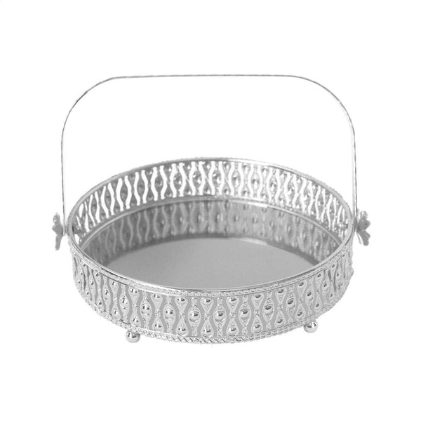 Deco Silver Metal Round Serving Tray Fruit Basket Set of 2 Pcs