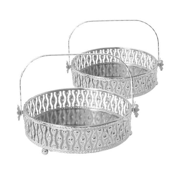 Deco Silver Metal Round Serving Tray Fruit Basket Set of 2 Pcs