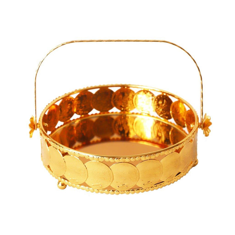 Deco Gold Metal Round Serving Tray Fruit Basket Set of 2 Pcs