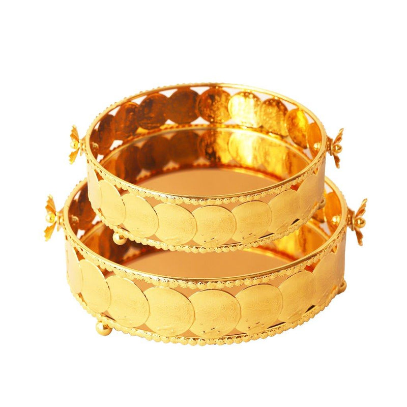 Deco Gold Metal Round Serving Tray Fruit Basket Set of 2 Pcs