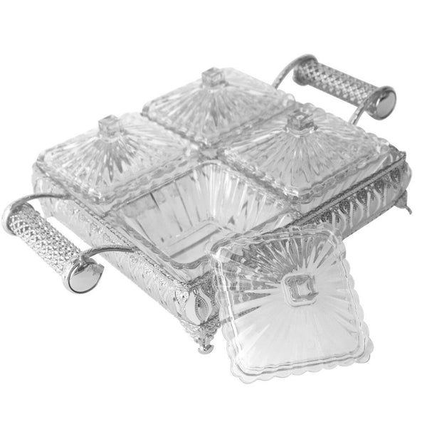 Metal Deco Silver Candy Box Nuts and Chocolates 4 Slot Serving Tray with Lid 35*25*8 cm