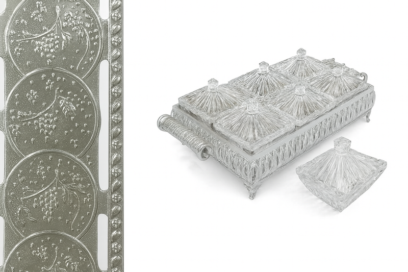 Metal Deco Silver Candy Box Nuts and Chocolates 6 Slot Serving Tray with Lid 47*24*10 cm