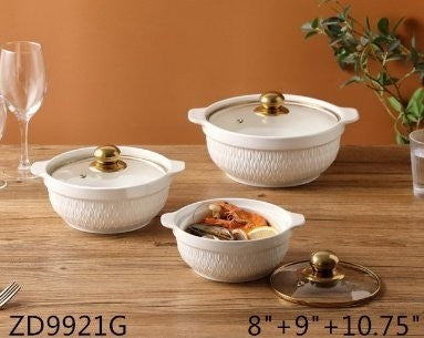 White Ceramic Tureen Casserole Set/3 Pcs