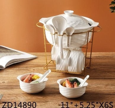 White Ceramic Tureen Bowl Set/16 Pcs