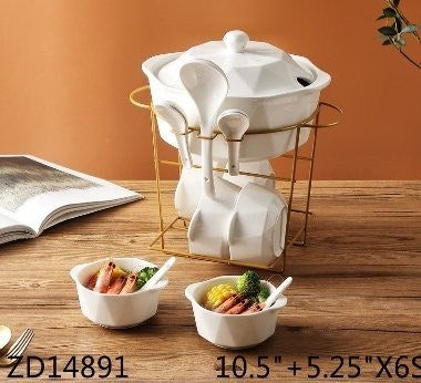 White Ceramic Tureen Bowl Set/16 Pcs