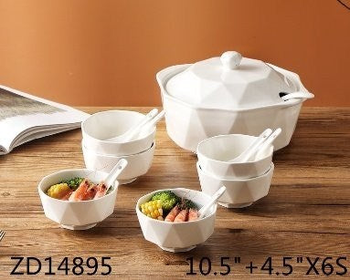 White Ceramic Tureen Bowl Set/16 Pcs