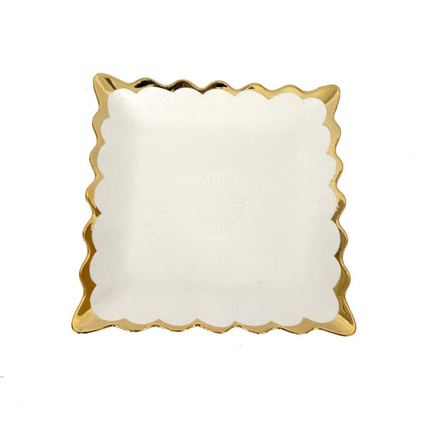 White Ceramic Gold Rim Tableware Rectangular Serving Dish Plate 20.5X20.5X2.5 cm