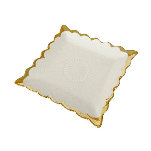 White Ceramic Gold Rim Tableware Rectangular Serving Dish Plate 15X15X2 cm