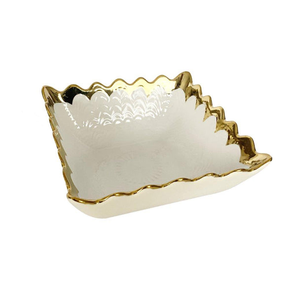 White Ceramic Gold Rim Tableware Rectangular Serving Dish Bowl 15.5X15X6.5 cm