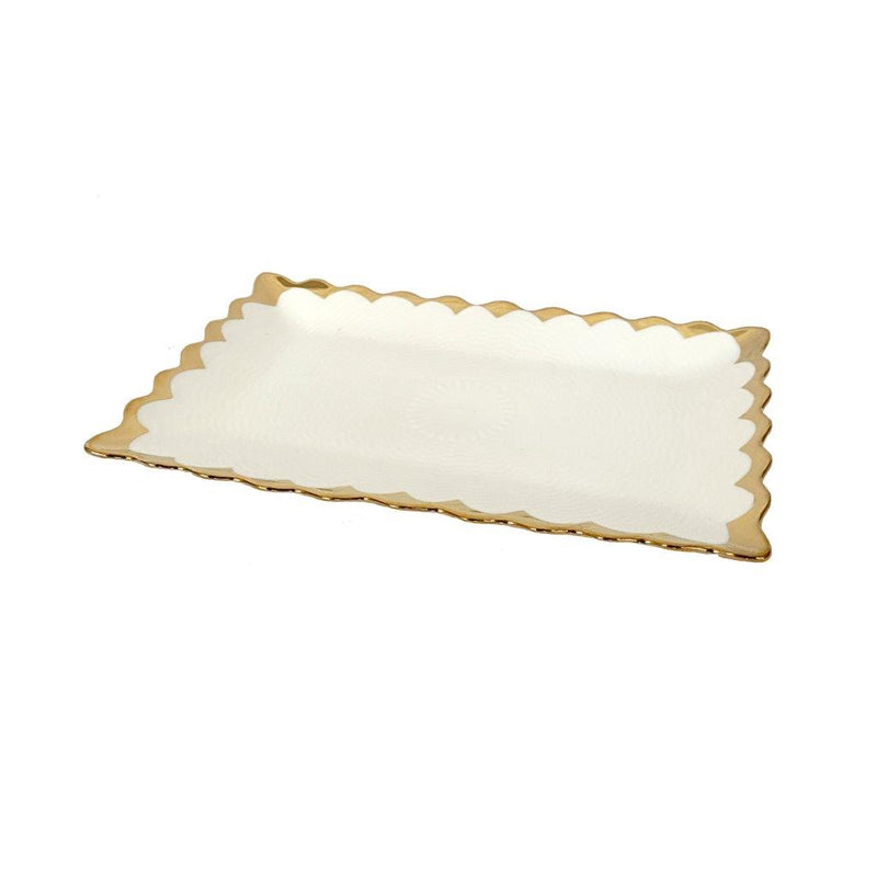 White Ceramic Gold Rim Tableware Rectangular Serving Dish Plate 25.5X15.5X2 cm