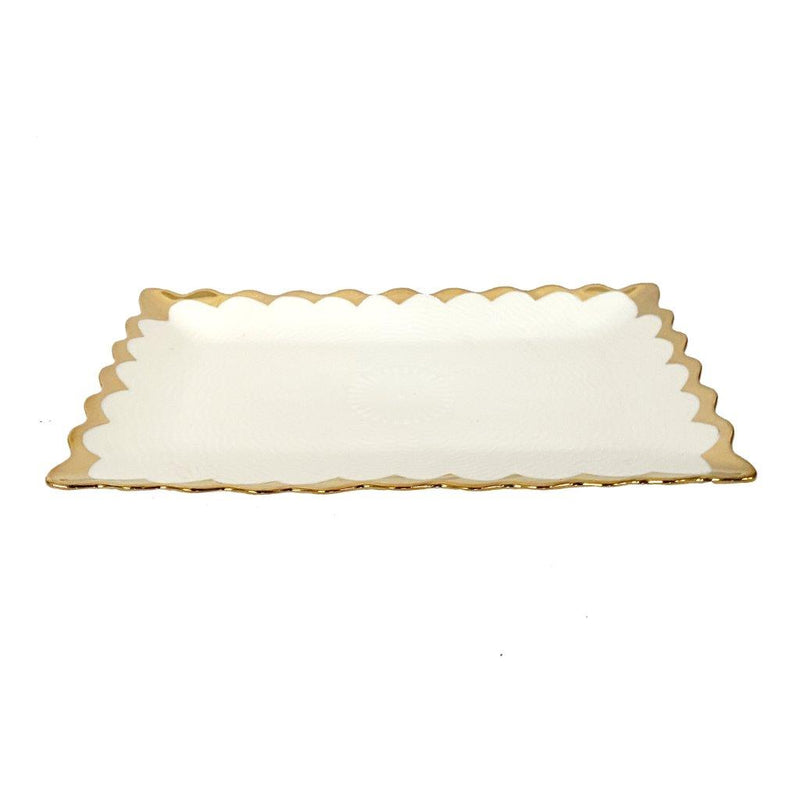 White Ceramic Gold Rim Tableware Rectangular Serving Dish Plate 25.5X15.5X2 cm