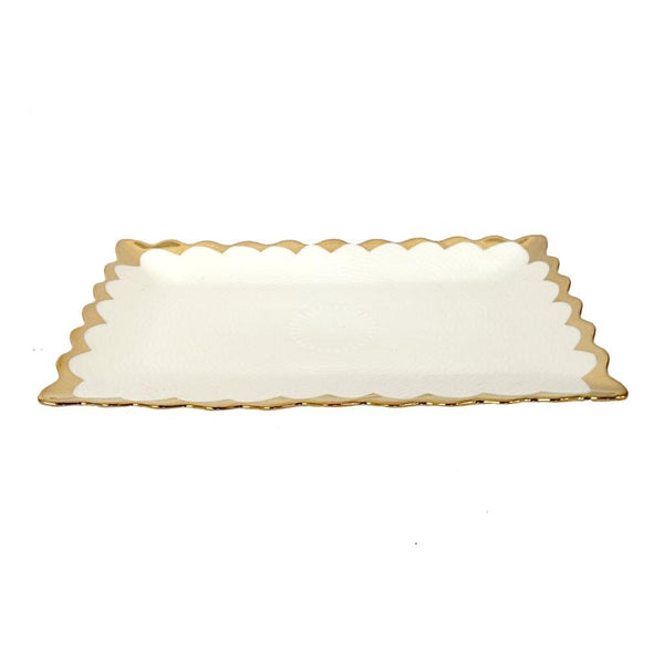 White Ceramic Gold Rim Tableware Rectangular Serving Dish Plate 25.5X15.5X2 cm