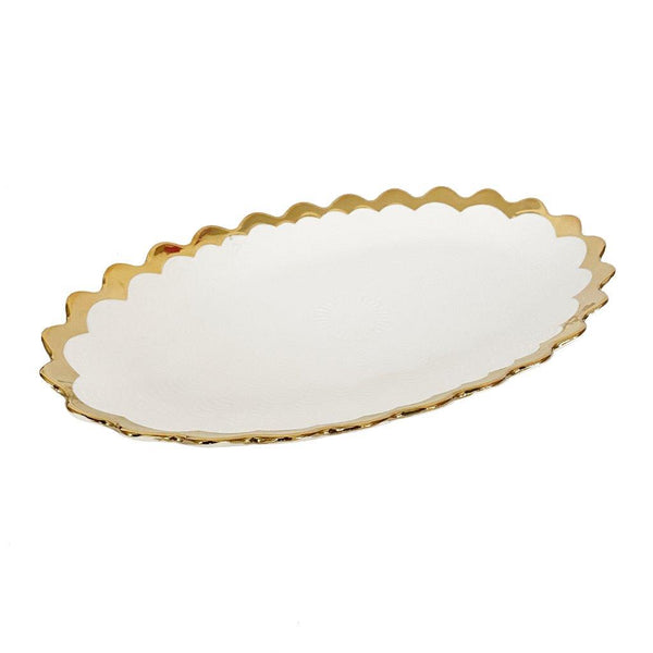 White Ceramic Gold Rim Tableware Oval Serving Dish Bowl 36X21.5X3 cm