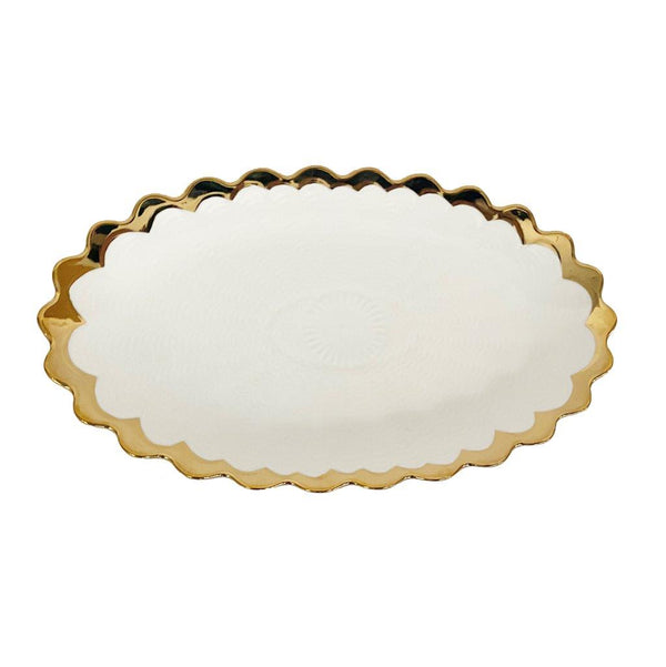 White Ceramic Gold Rim Tableware Oval Serving Dish Bowl 31X18.5X2.5 cm