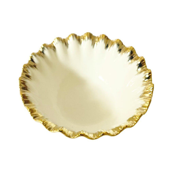 White Ceramic Gold Rim Tableware Round Serving Dish Bowl 15.5*15.5*6.5 cm