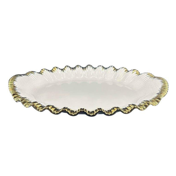 White Ceramic Gold Rim Tableware Oval Serving Dish Plate 30.5*19.5*4 cm