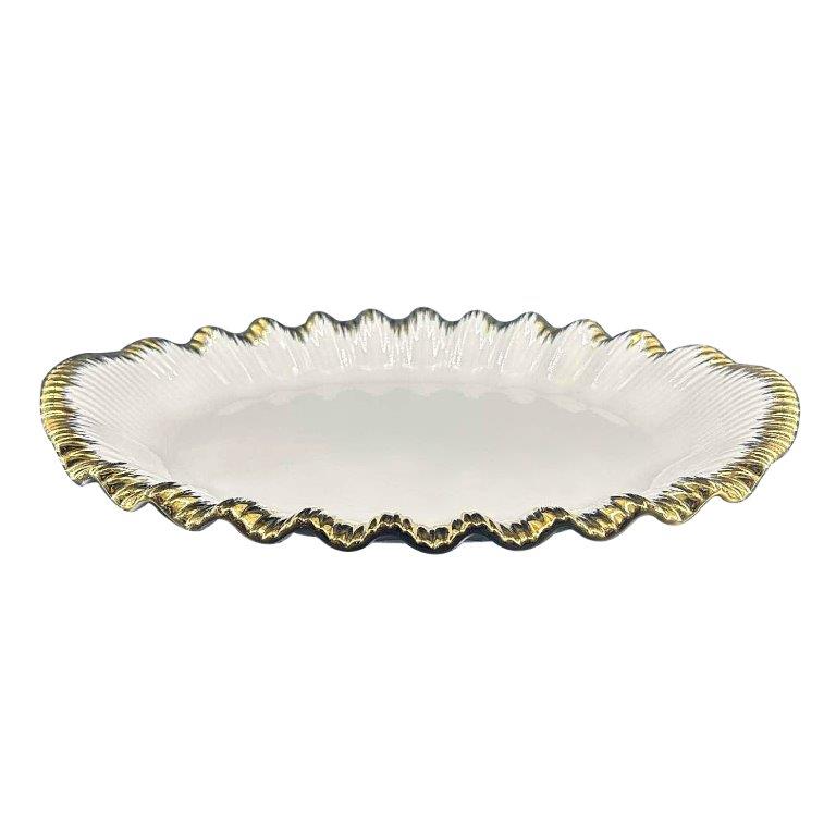 White Ceramic Gold Rim Tableware Oval Serving Dish Plate 36*23*4.5 cm