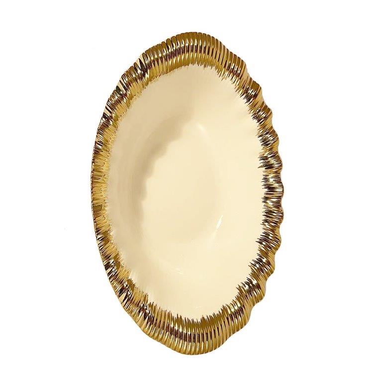 White Ceramic Gold Rim Tableware Oval Serving Dish Bowl 31.5*20*9.5 cm