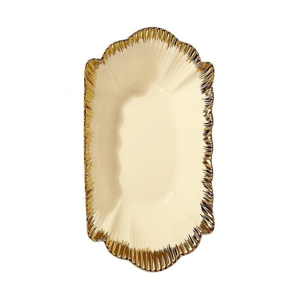 White Ceramic Gold Rim Tableware Oval Serving Dish Bowl 25*14.5*8.5 cm