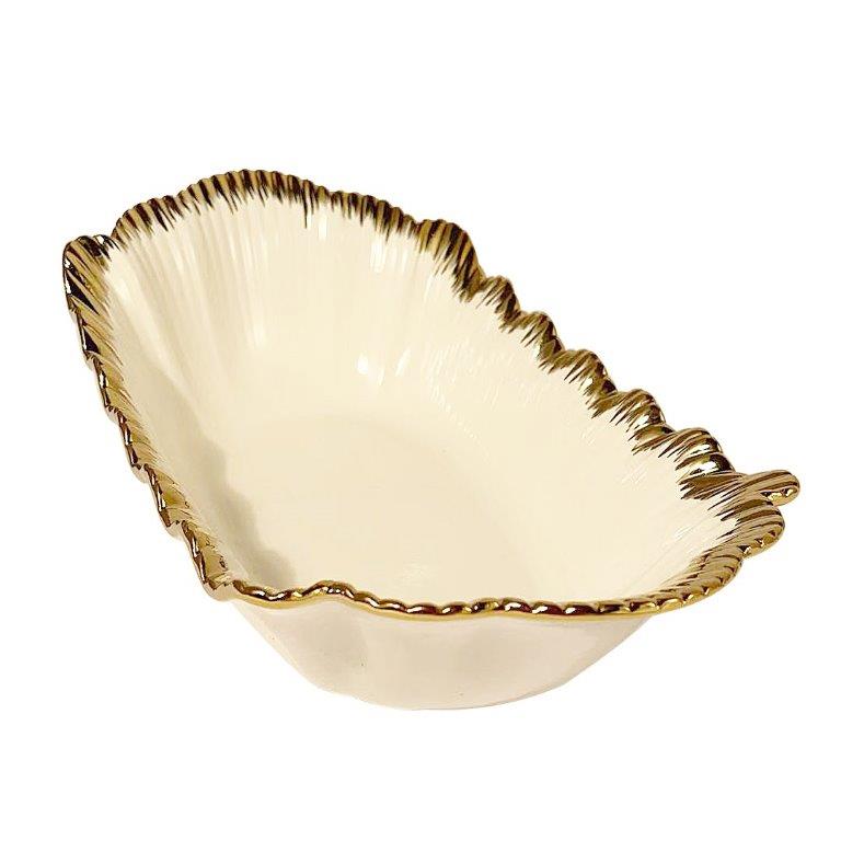 White Ceramic Gold Rim Tableware Oval Serving Dish Bowl 30*18*9.5 cm
