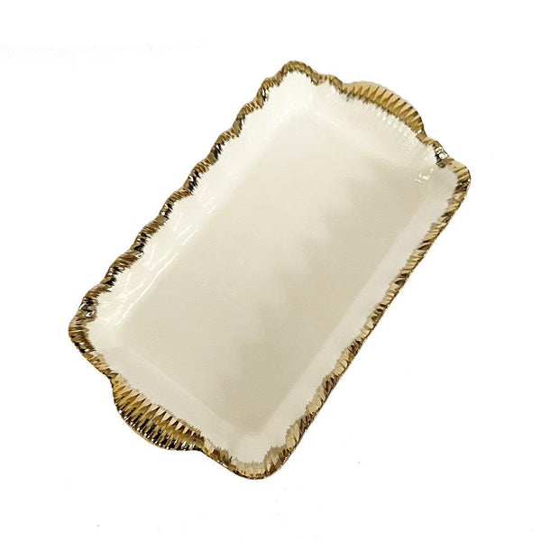 White Ceramic Gold Rim Tableware Rectangular Serving Dish Plate 33*19.5*5.4 cm