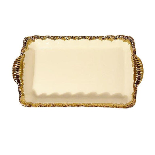 White Ceramic Gold Rim Tableware Rectangular Serving Dish Plate 40*23.5*6 cm