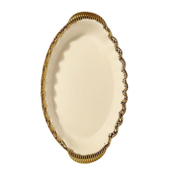 White Ceramic Gold Rim Tableware Oval Serving Dish Plate 33.5*20.5*5.5 cm