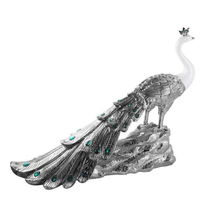 White & Silver Sculpture Statue Resin Peacock 80*24*59 cm