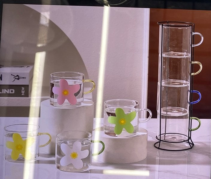 Stackable Glass Tea Cup Set of 4 Pcs with Stand 230 ml