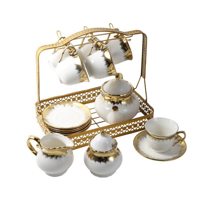 Ceramic Tea Cup and Saucer Set of 17 Pcs with Stand Floral Print