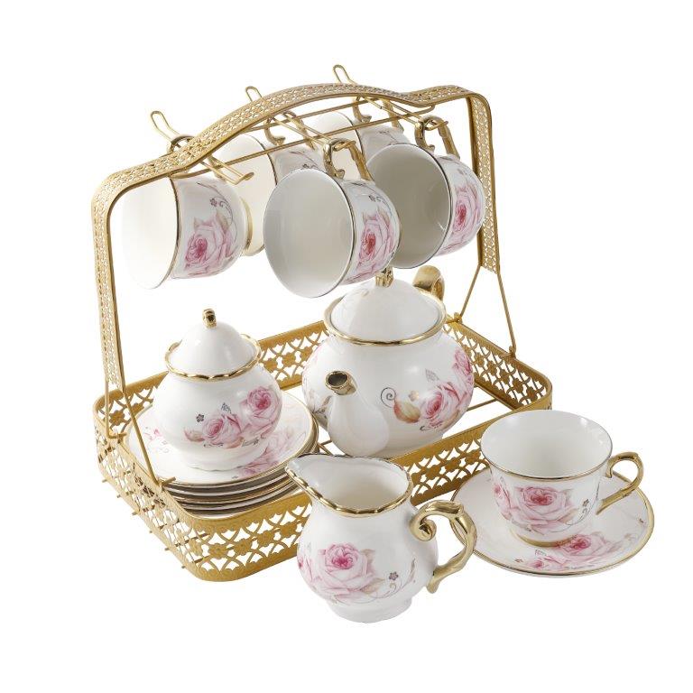 Ceramic Tea Cup and Saucer Set of 17 Pcs with Stand Floral Print
