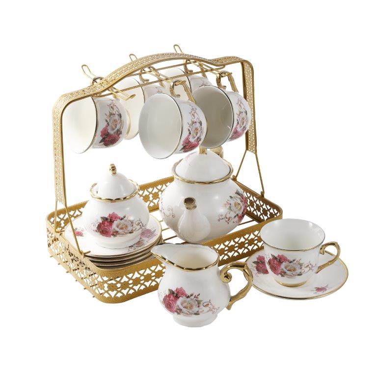 Ceramic Tea Cup and Saucer Set of 17 Pcs with Stand Floral Print