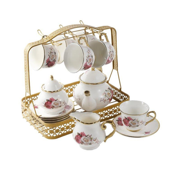 Ceramic Tea Cup and Saucer Set of 17 Pcs with Stand Floral Print