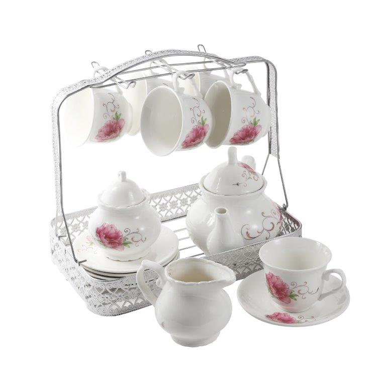 Ceramic Tea Cup and Saucer Set of 17 Pcs with Stand Floral Print