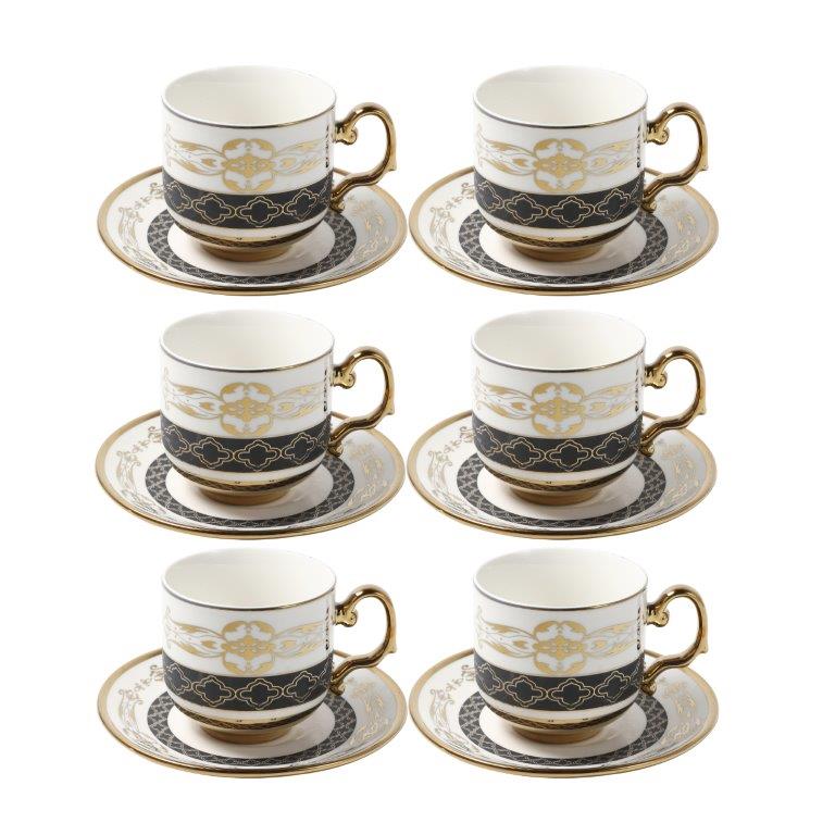 Ceramic Tea Cup and Saucer Set of 6 Pcs Abstract Print 200 ml