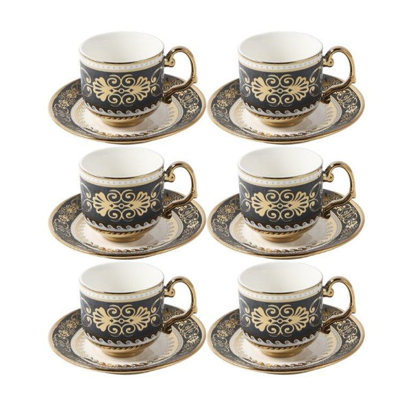 Ceramic Coffee Cup and Saucer Set of 6 Pcs Abstract Print 80 ml