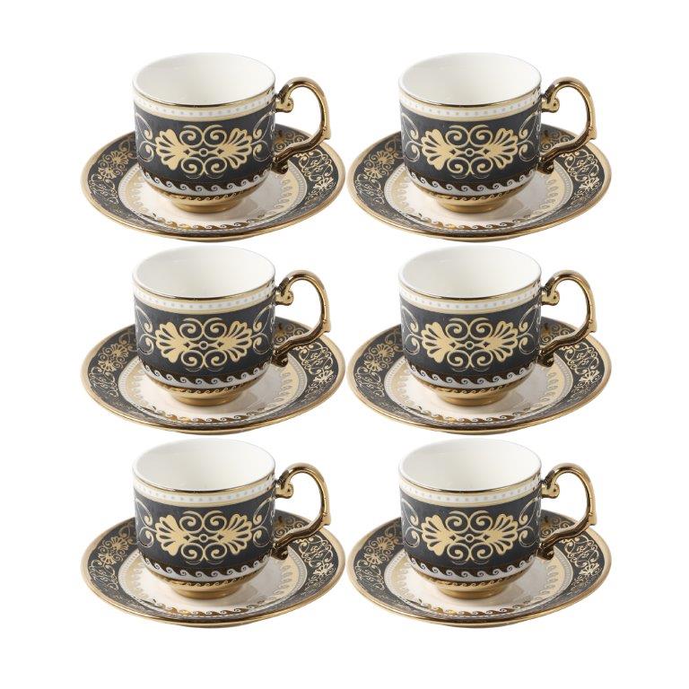 Ceramic Coffee Cup and Saucer Set of 6 Pcs Abstract Print 80 ml