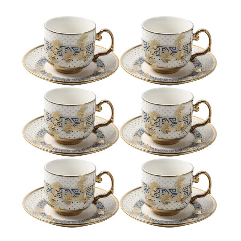 Ceramic Coffee Cup and Saucer Set of 6 Pcs Abstract Print 80 ml
