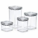 Set of clear plastic storage containers with lids on a white background

