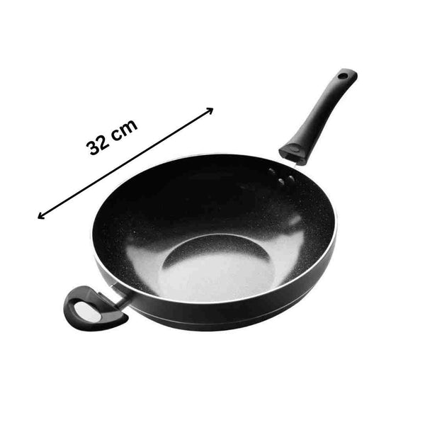 Wok Grey Marble Coating Induction Induction Non Stick 32 cm 3.5mm with Glass Lid