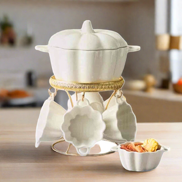 Plain White Ceramic Soup Tureen Casserole Dish Bowl Set of 9 Pcs with Stand