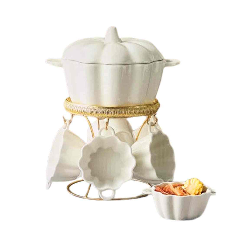 Plain White Ceramic Soup Tureen Casserole Dish Bowl Set of 9 Pcs with Stand