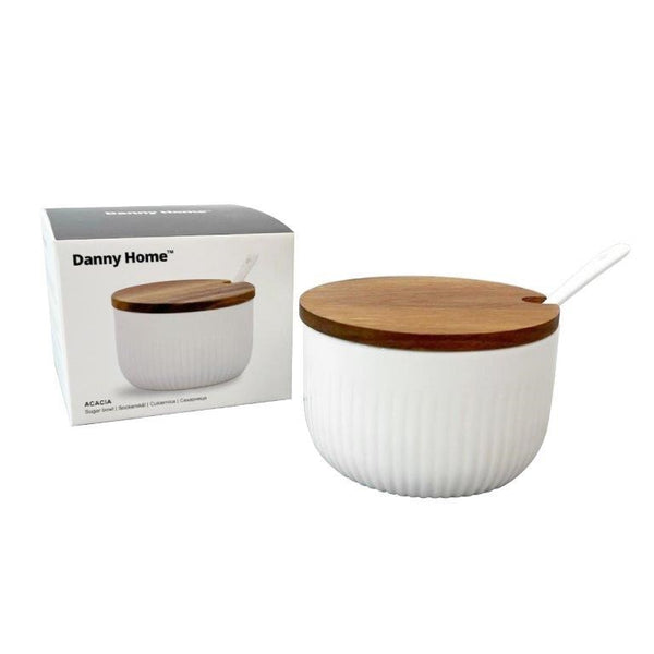 Ceramic Sugar Pot Bamboo Lid 10*10*6.5 cm